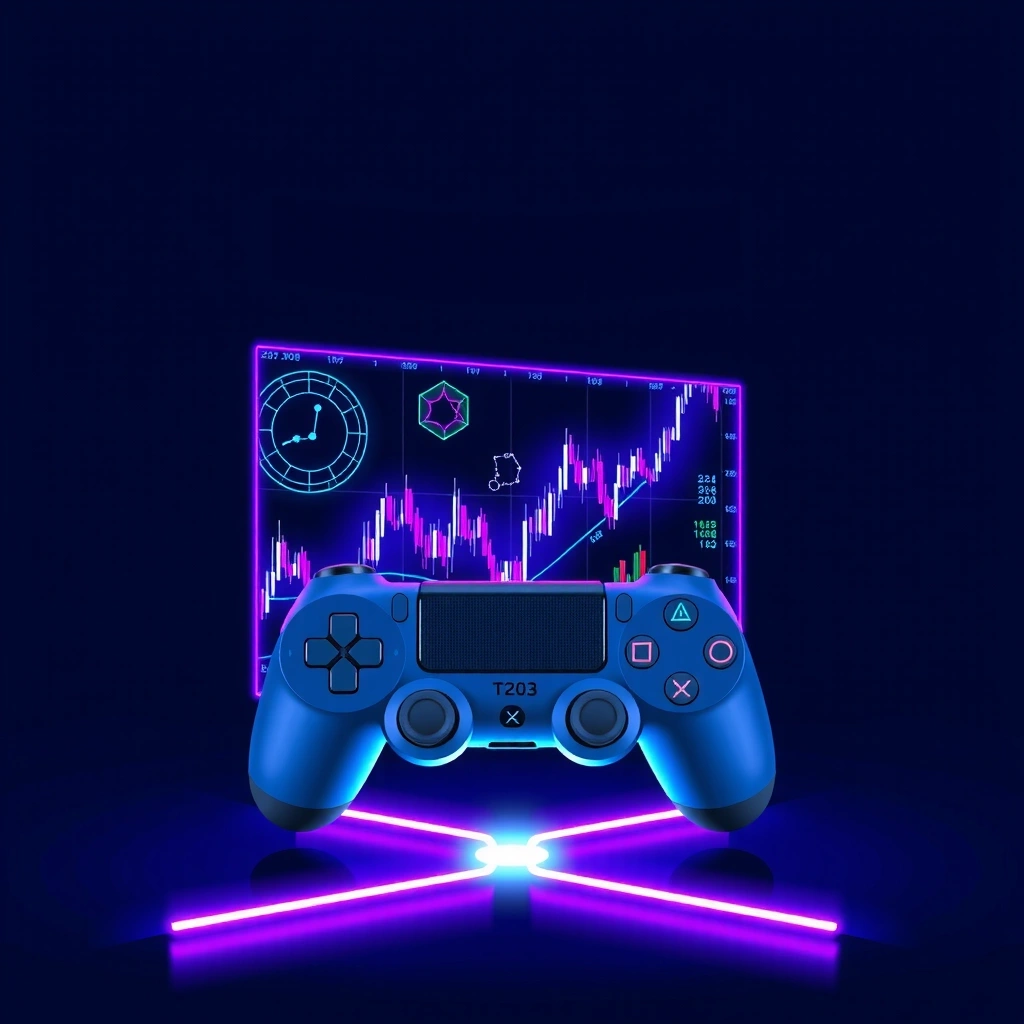 Fondo tecnológico con elementos de juegos y análisis financiero